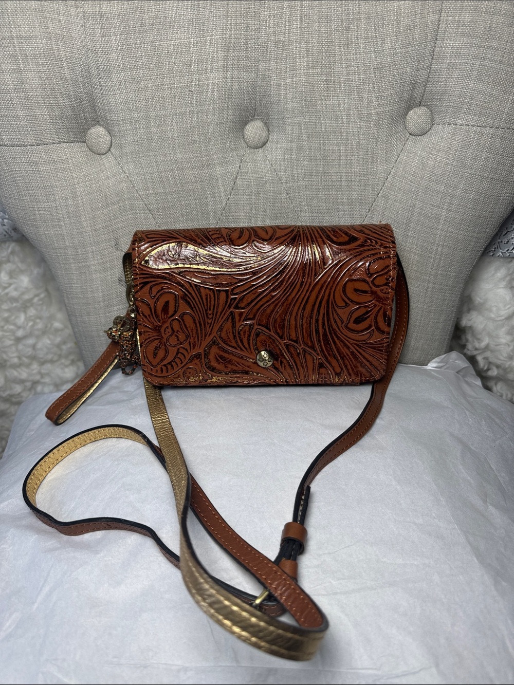 Patricia Nash Embossed Brown Leather Crossbody Bag